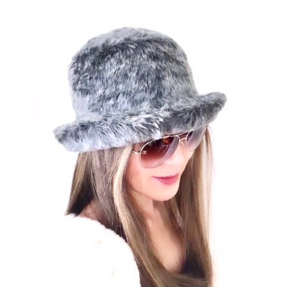 Grey Faux Fur Winter Foldable Fuzzy Bucket Hat - Picture 2 of 7